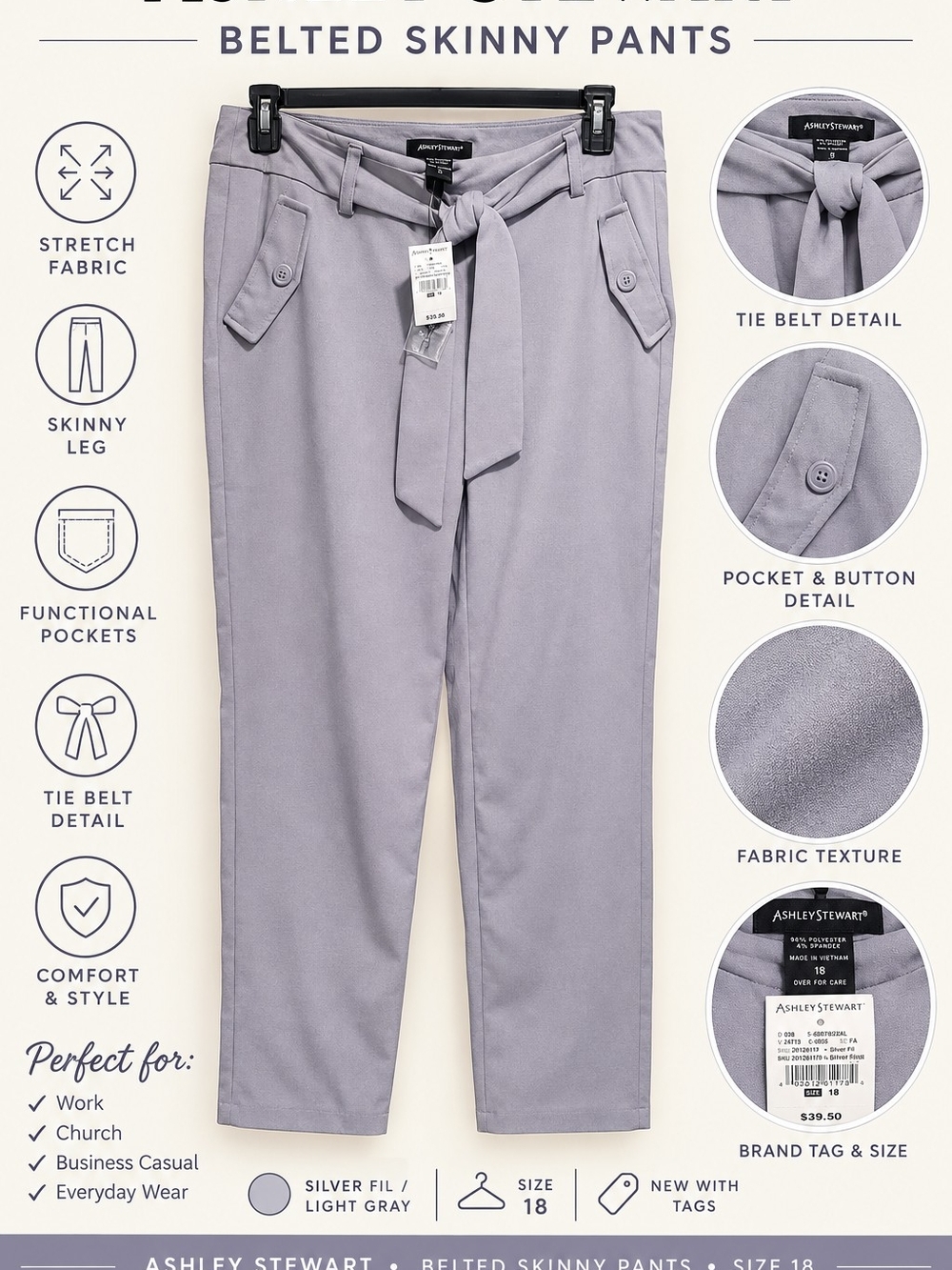 Ashley Stewart Light Gray Belted Skinny Pants